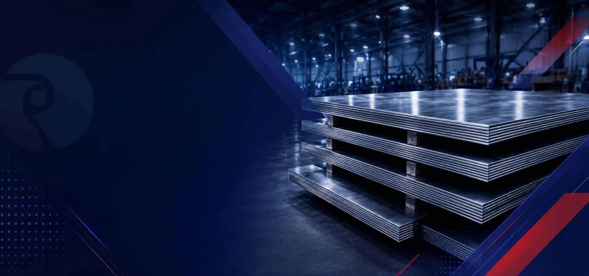Stainless steel sheets and plates stacked in a warehouse